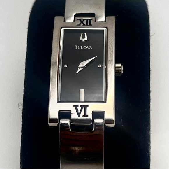 Bulova Accessories - Bulova Womens Watch Silver Tone Rectangle Black Dial 6.25" New Battery